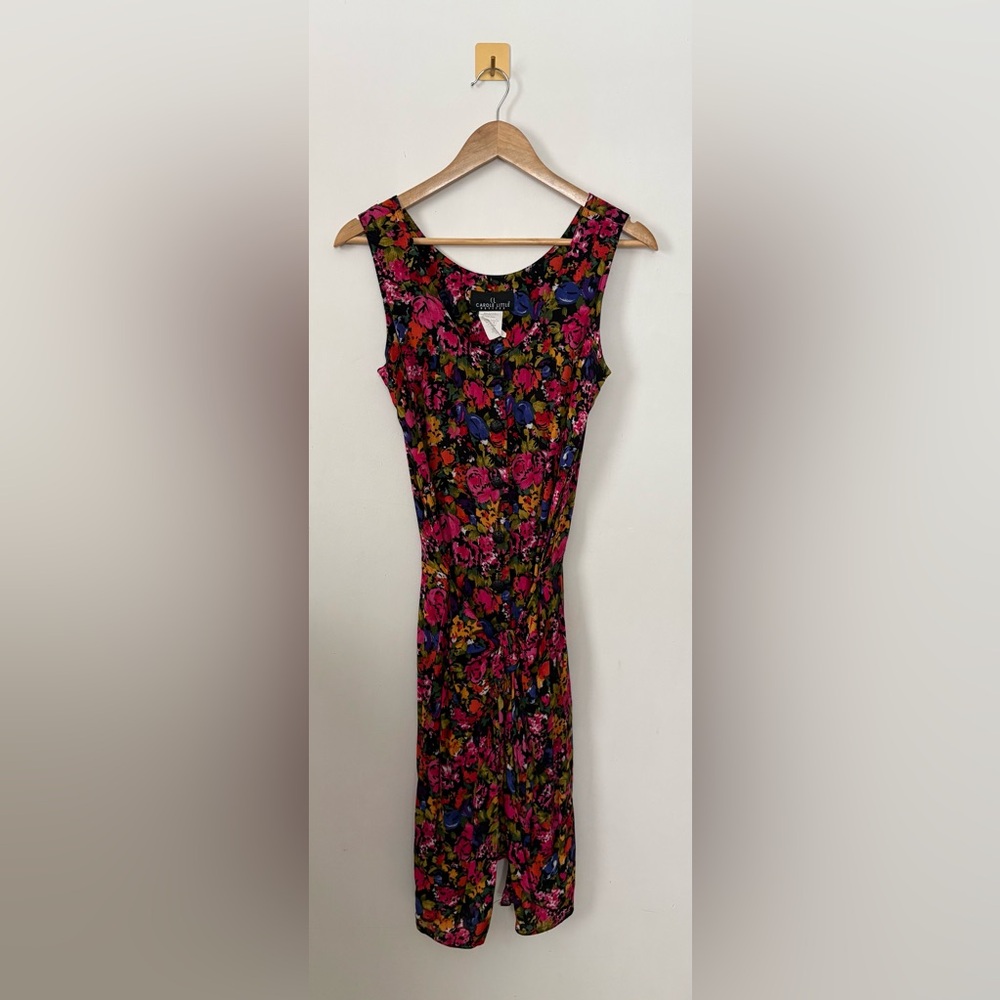 Size 8 Vintage Carole Little Black Pink Orange Blue Floral Flower Print Dress
